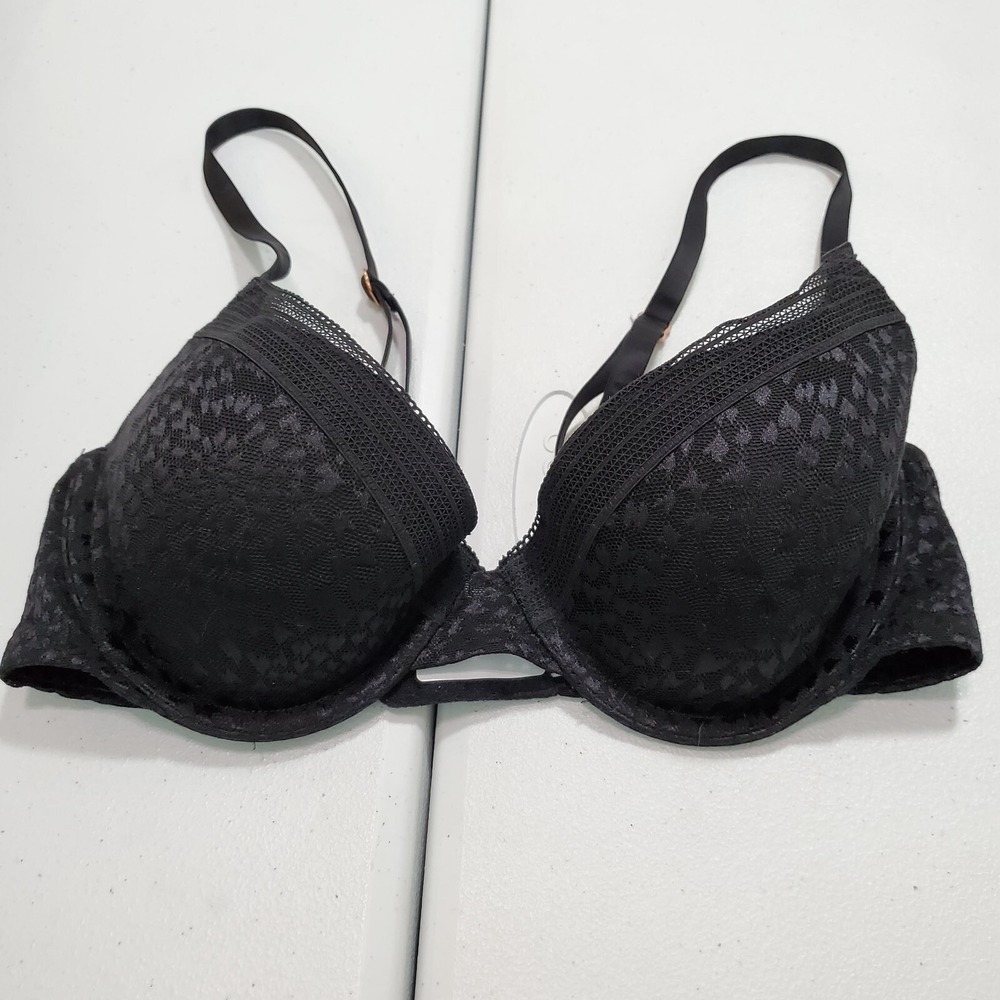 True and Co Women Bra 32C Black Lace Cheetah Underwire Adjustable Straps